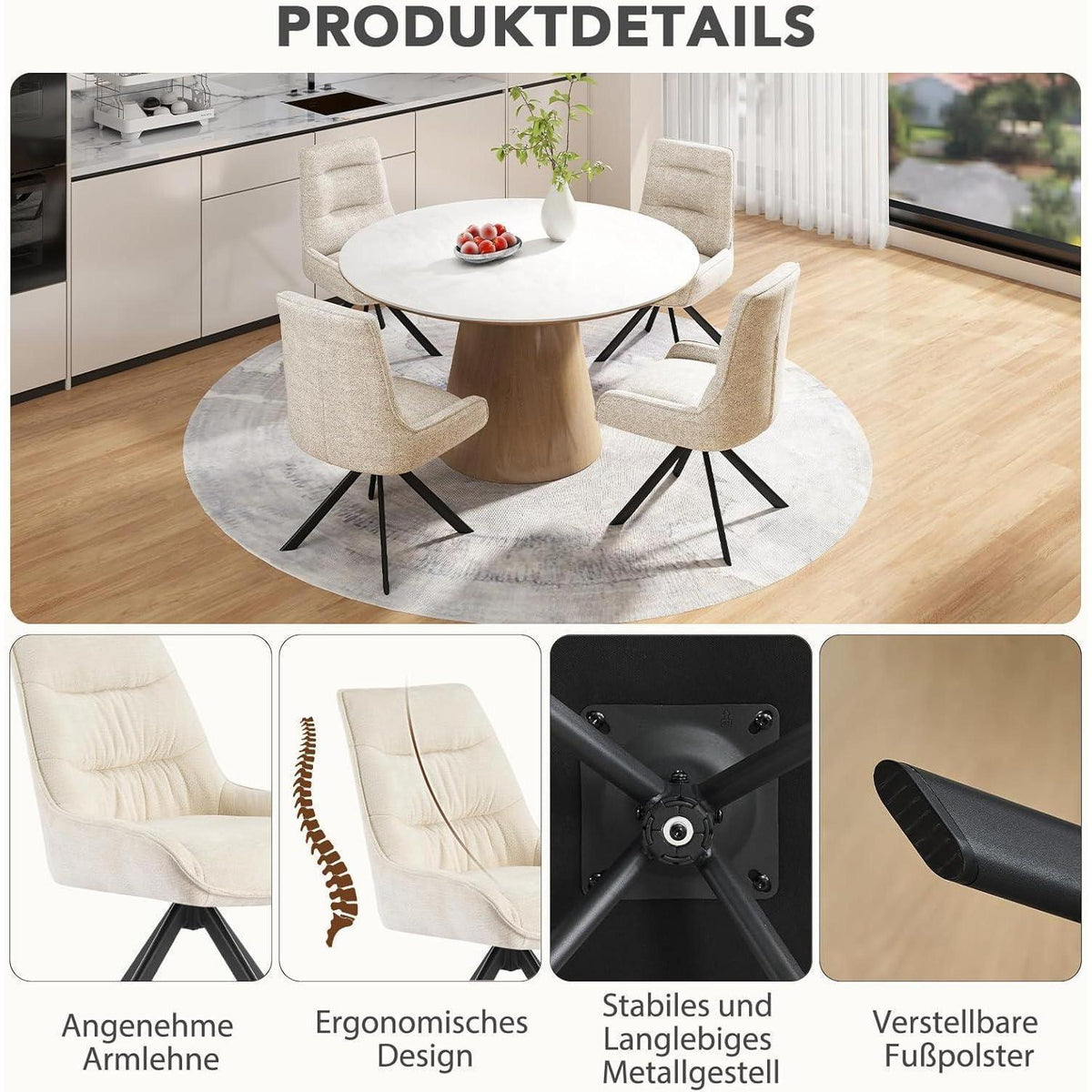 Drehstuhl Esszimmer 6er Set – Chenille Esszimmerstühle Beige