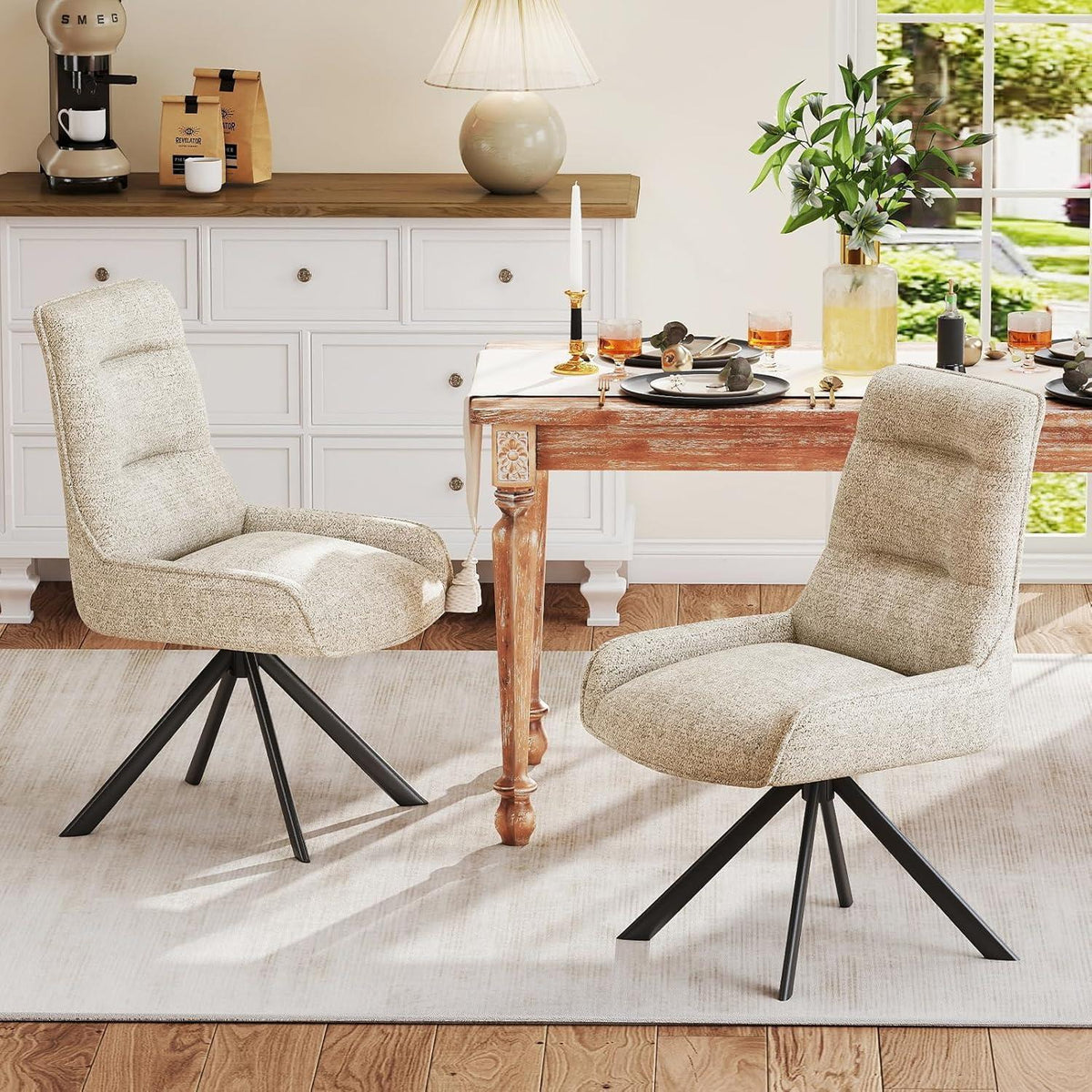 Drehstuhl Esszimmer 6er Set – Chenille Esszimmerstühle Beige