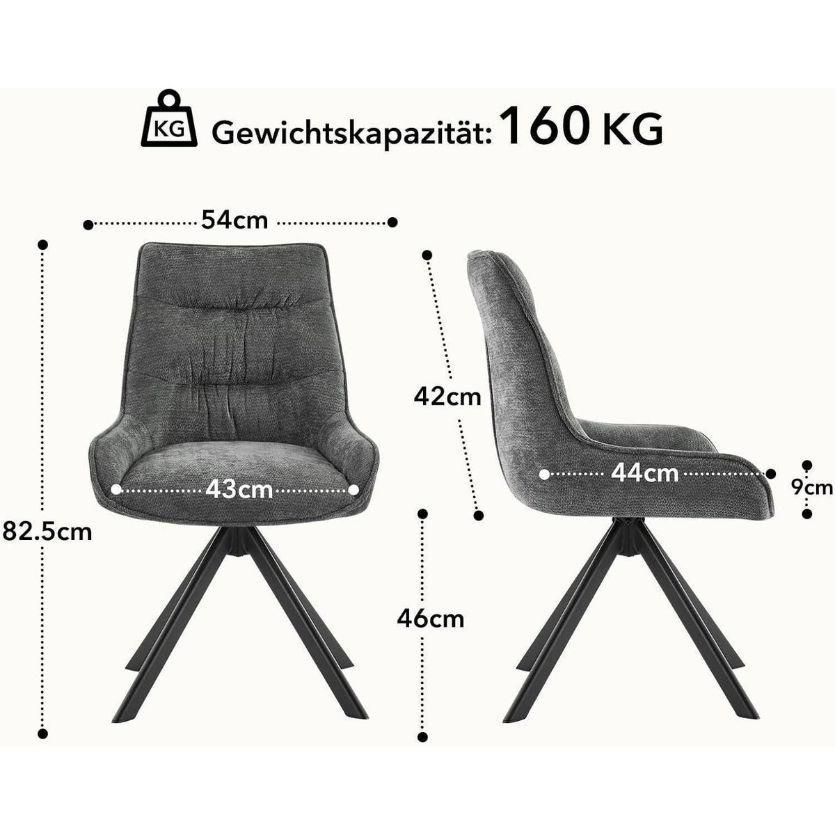 Drehbarer Esszimmerstuhl Set, Dunkelgrau, Chenille Polsterstuhl 4er Set