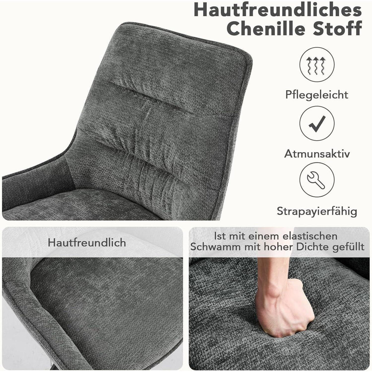 Drehbarer Esszimmerstuhl Set, Dunkelgrau, Chenille Polsterstuhl 4er Set