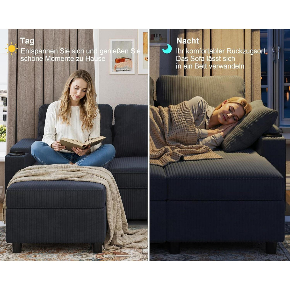 Devoko Ecksofa mit Schlaffunktion & Bettkasten, Blauschwarz