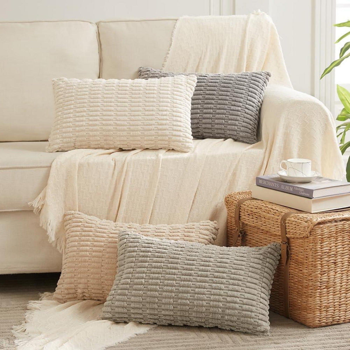 4er Set Boho Kissenbezüge 40x80 Kordsamt Grau Beige Taupe