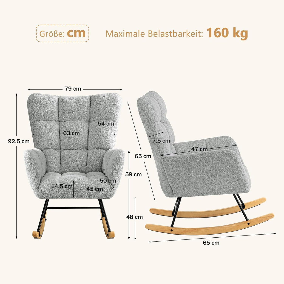 Schaukelstuhl 2er Set Grau – Bequemer Lesesessel für Wohnzimmer & Babyzimmer