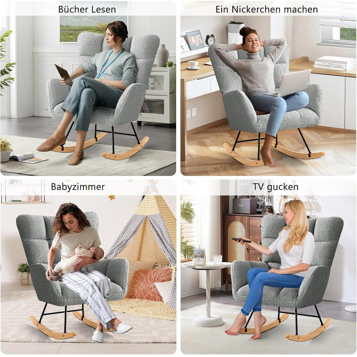 Schaukelstuhl 2er Set Grau – Bequemer Lesesessel für Wohnzimmer & Babyzimmer
