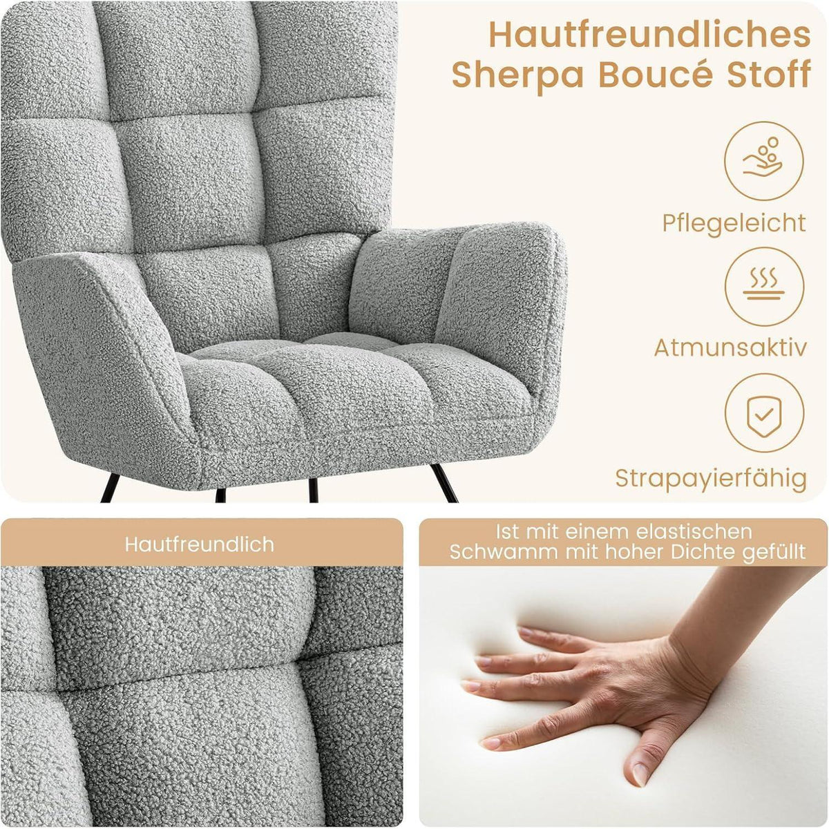 Schaukelstuhl 2er Set Grau – Bequemer Lesesessel für Wohnzimmer & Babyzimmer
