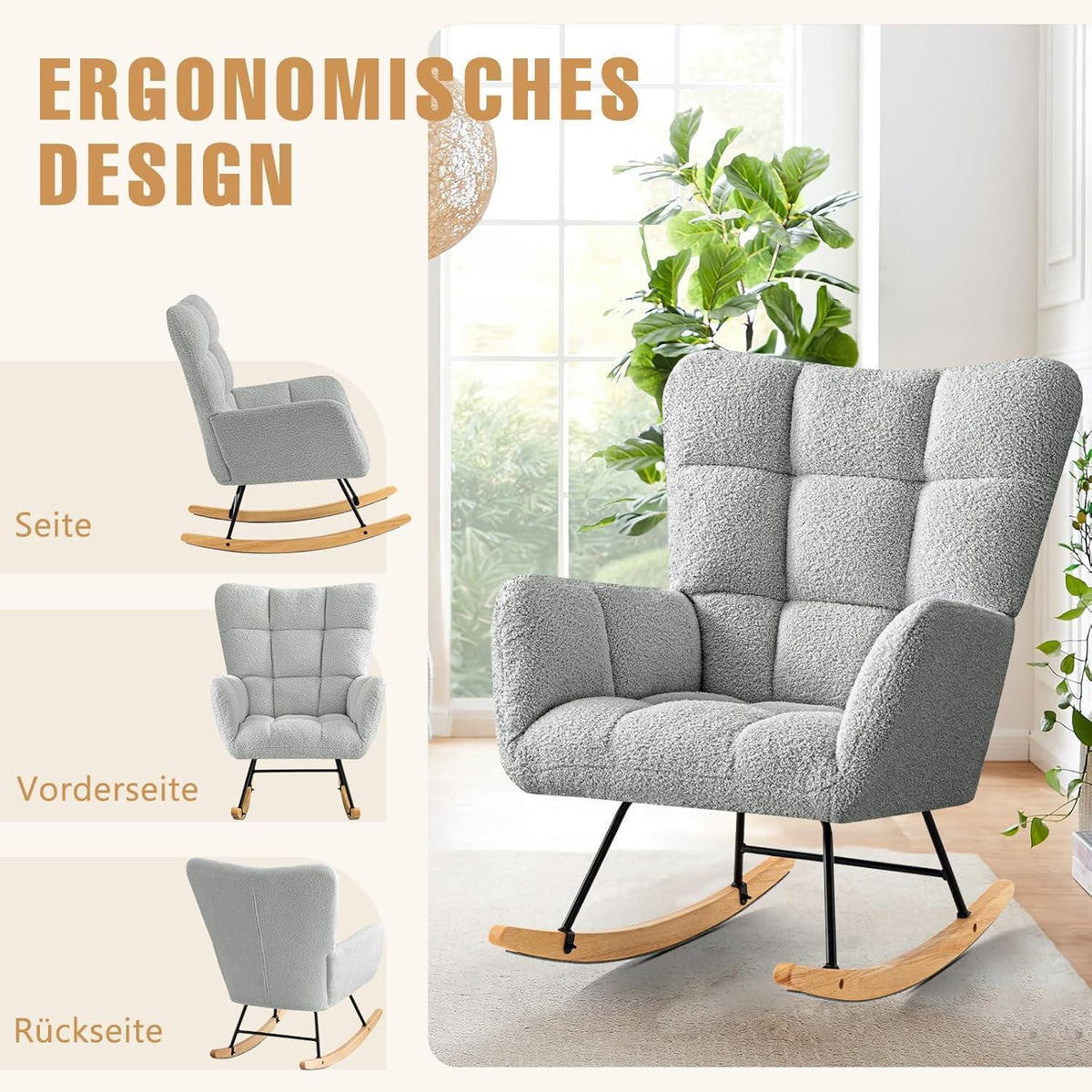 Schaukelstuhl 2er Set Grau – Bequemer Lesesessel für Wohnzimmer & Babyzimmer