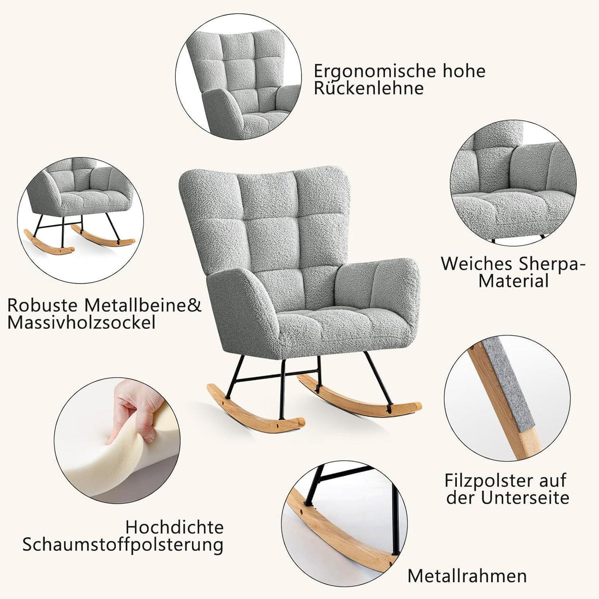 Schaukelsessel Grau – Bequemer Lesesessel für Wohnzimmer & Babyzimmer
