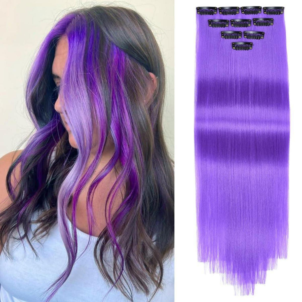 10x Clip-in Haarverlängerung Bunt 50cm Party Cosplay Lila