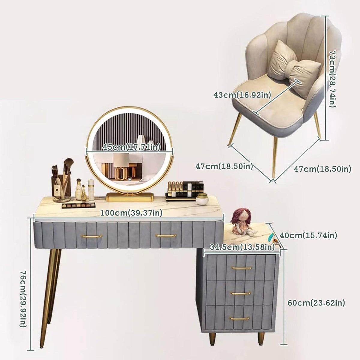 Schminktisch Set mit Granitplatte, Spiegel & Samtstuhl Grau