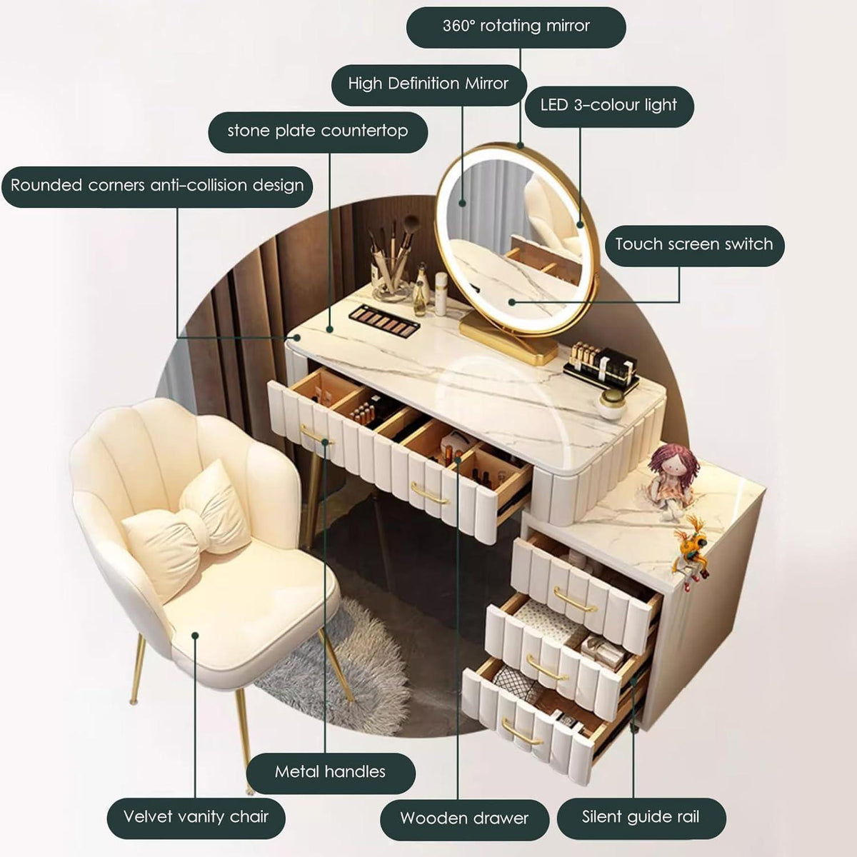 Schminktisch Set mit Granitplatte, Spiegel & Samtstuhl Grau