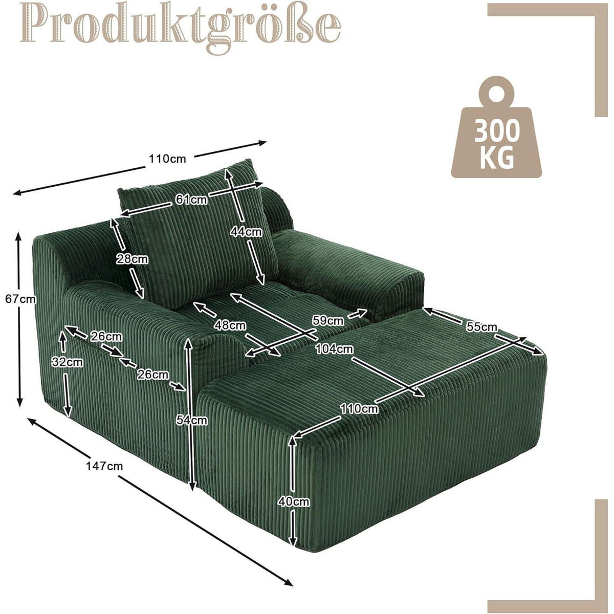 Übergroßer Cord Sessel mit Fußhocker & Seitentaschen – Smaragd