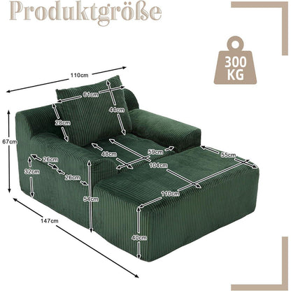 Übergroßer Cord Sessel mit Fußhocker & Seitentaschen – Smaragd