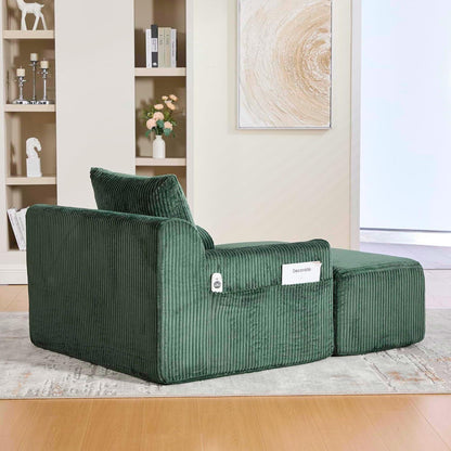 Übergroßer Cord Sessel mit Fußhocker & Seitentaschen – Smaragd