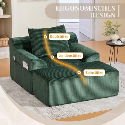 Übergroßer Cord Sessel mit Fußhocker & Seitentaschen – Smaragd
