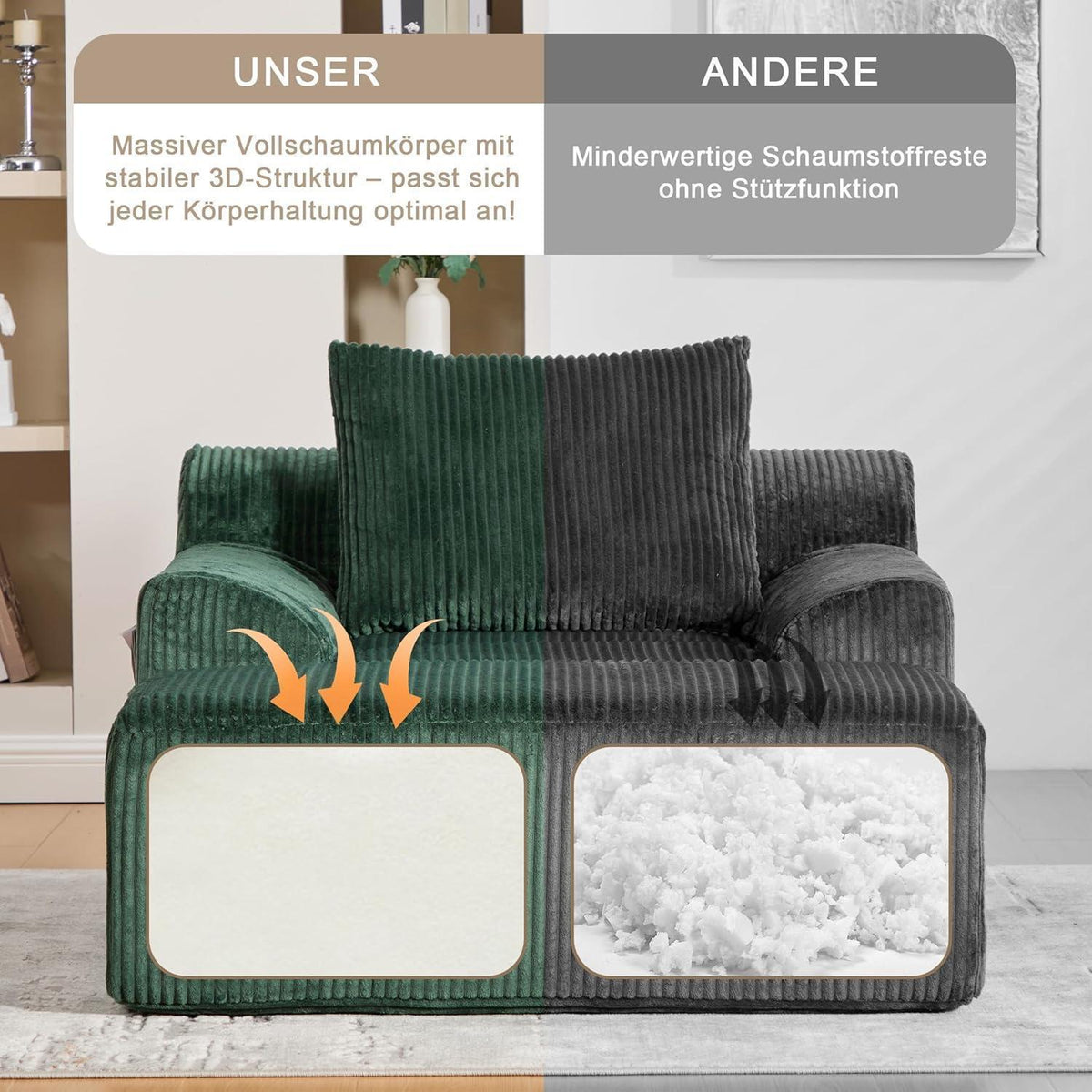 Übergroßer Cord Sessel mit Fußhocker & Seitentaschen – Smaragd