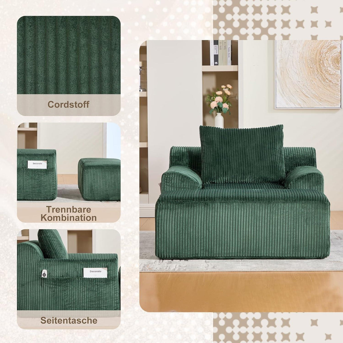 Übergroßer Cord Sessel mit Fußhocker & Seitentaschen – Smaragd