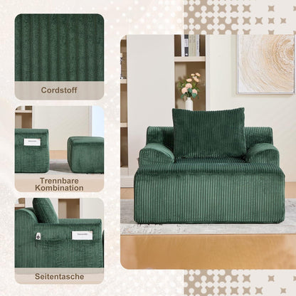 Übergroßer Cord Sessel mit Fußhocker & Seitentaschen – Smaragd
