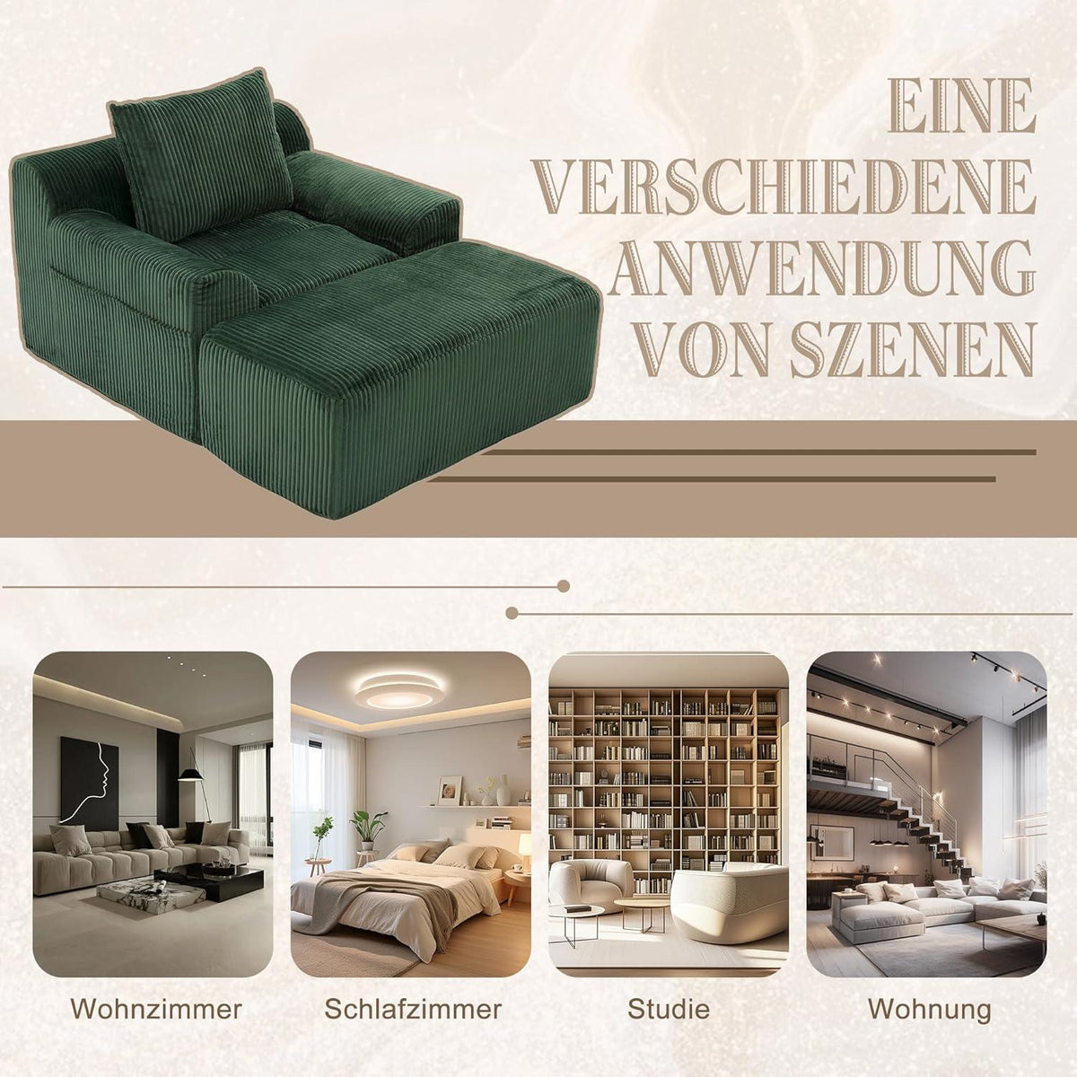 Übergroßer Cord Sessel mit Fußhocker & Seitentaschen – Smaragd