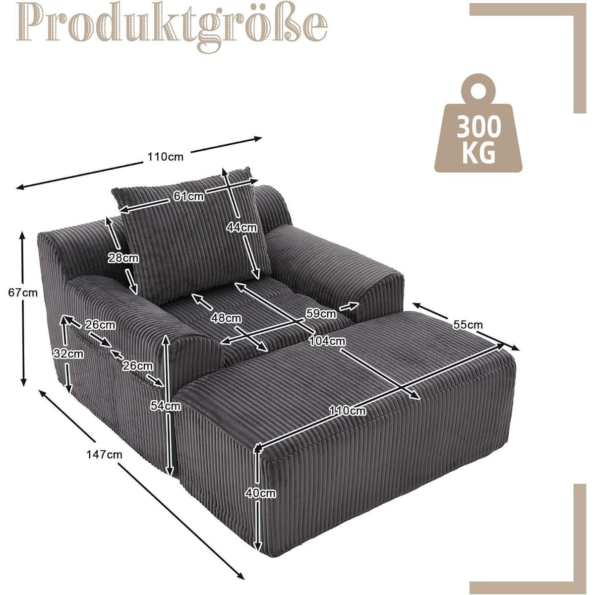 Übergroßer Cord Sessel mit Fußhocker & Seitentaschen – Dunkelgrau
