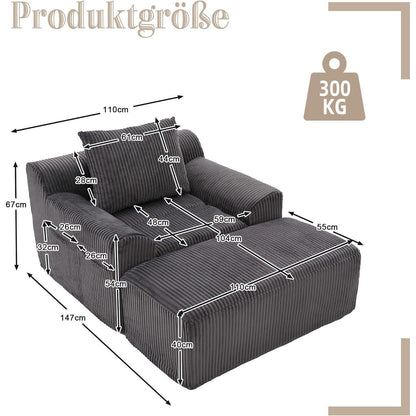 Übergroßer Cord Sessel mit Fußhocker & Seitentaschen – Dunkelgrau