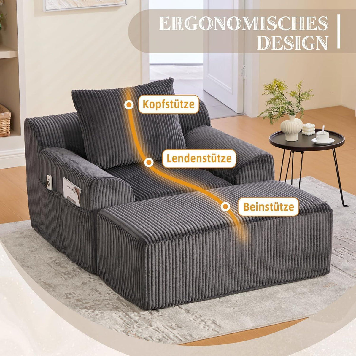 Übergroßer Cord Sessel mit Fußhocker & Seitentaschen – Dunkelgrau
