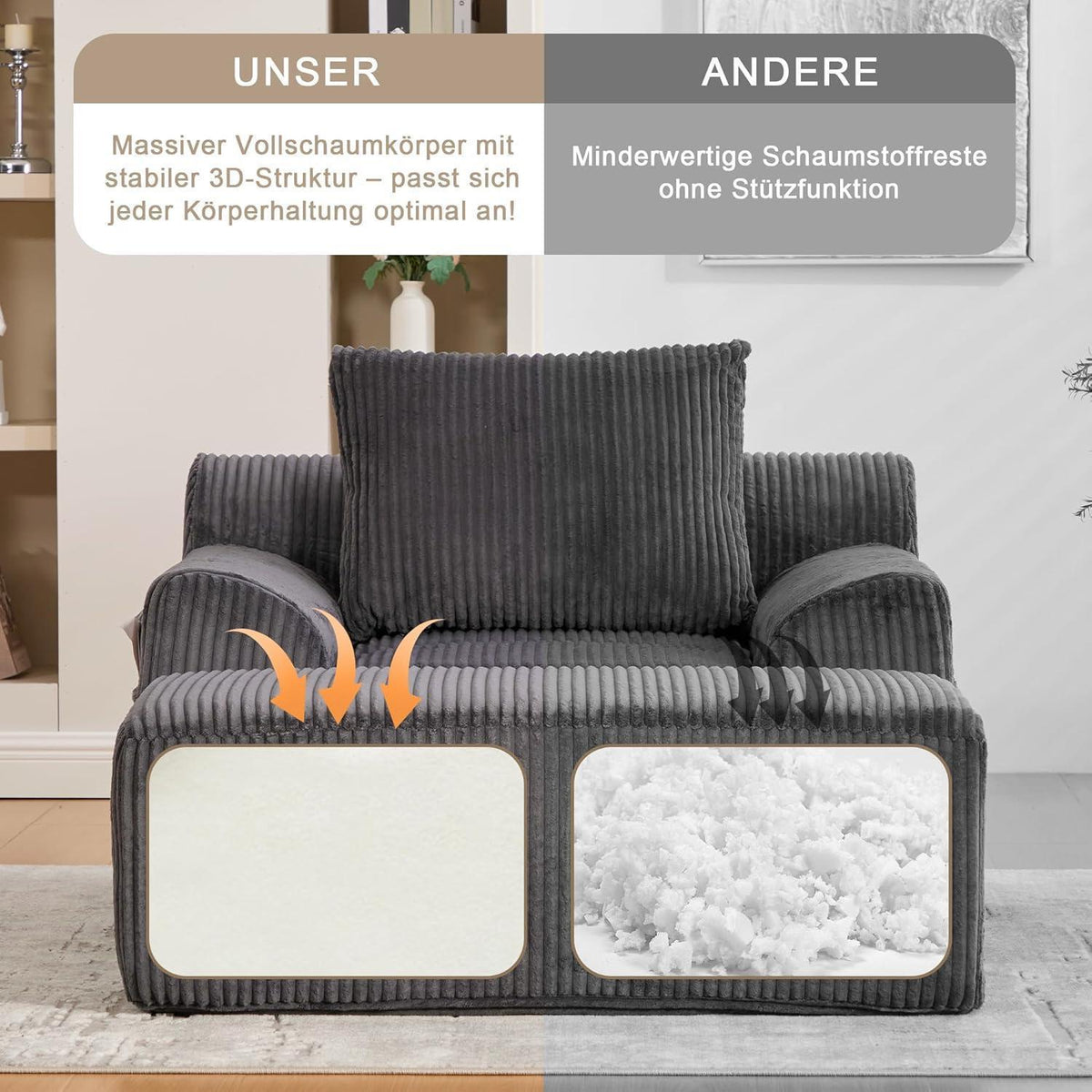 Übergroßer Cord Sessel mit Fußhocker & Seitentaschen – Dunkelgrau