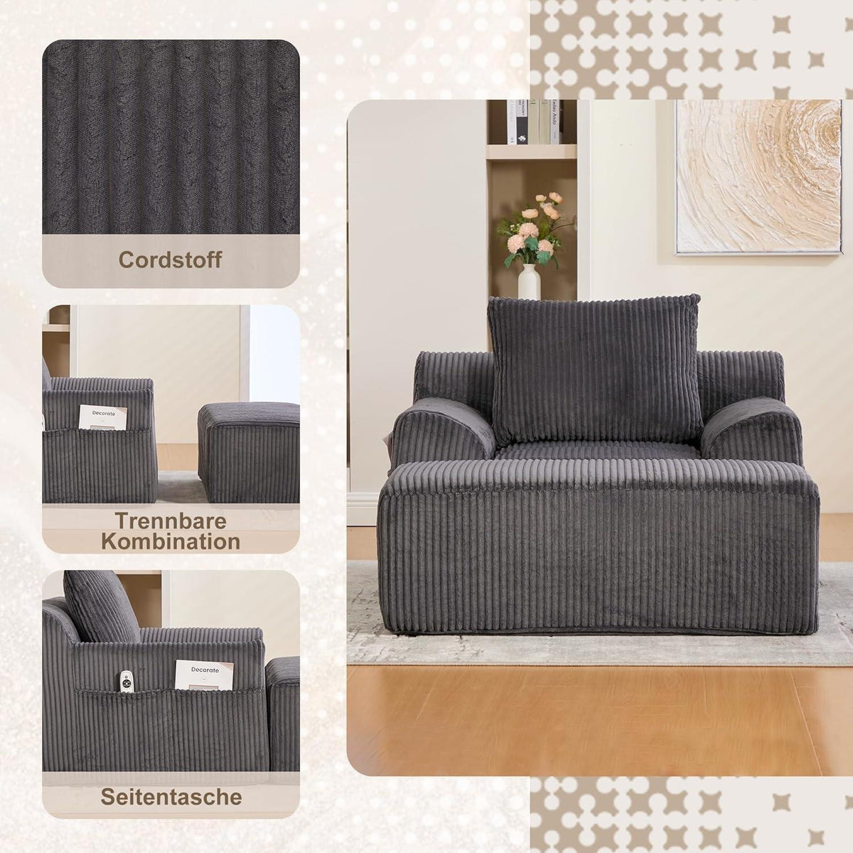 Übergroßer Cord Sessel mit Fußhocker & Seitentaschen – Dunkelgrau