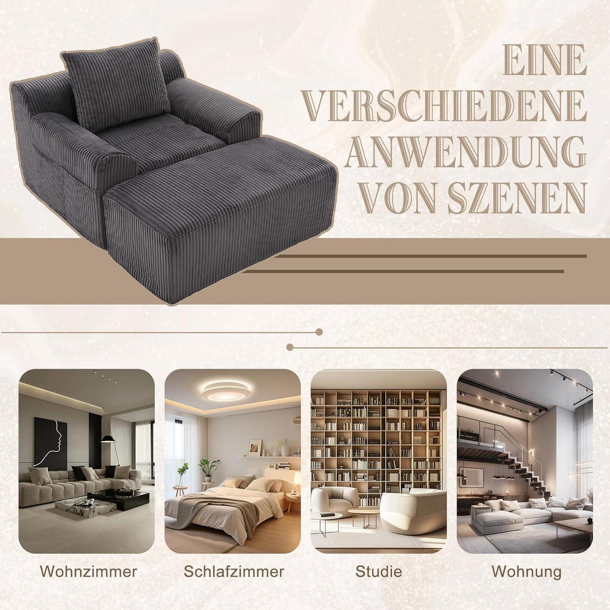 Übergroßer Cord Sessel mit Fußhocker & Seitentaschen – Dunkelgrau