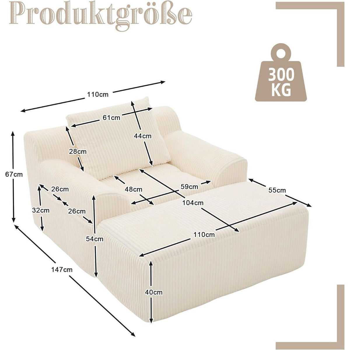 Übergroßer Cord Sessel mit Fußhocker & Seitentaschen – Beige
