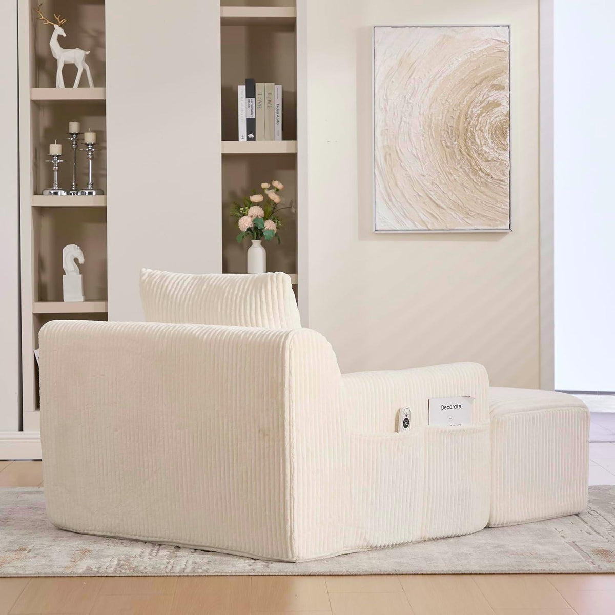 Übergroßer Cord Sessel mit Fußhocker & Seitentaschen – Beige