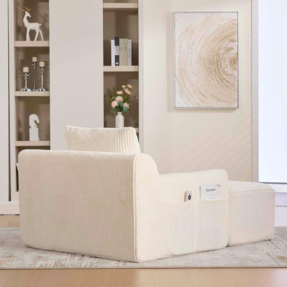 Übergroßer Cord Sessel mit Fußhocker & Seitentaschen – Beige