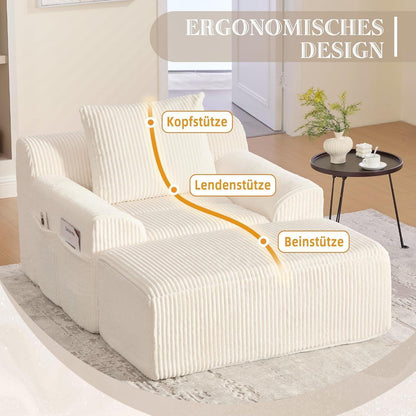 Übergroßer Cord Sessel mit Fußhocker & Seitentaschen – Beige