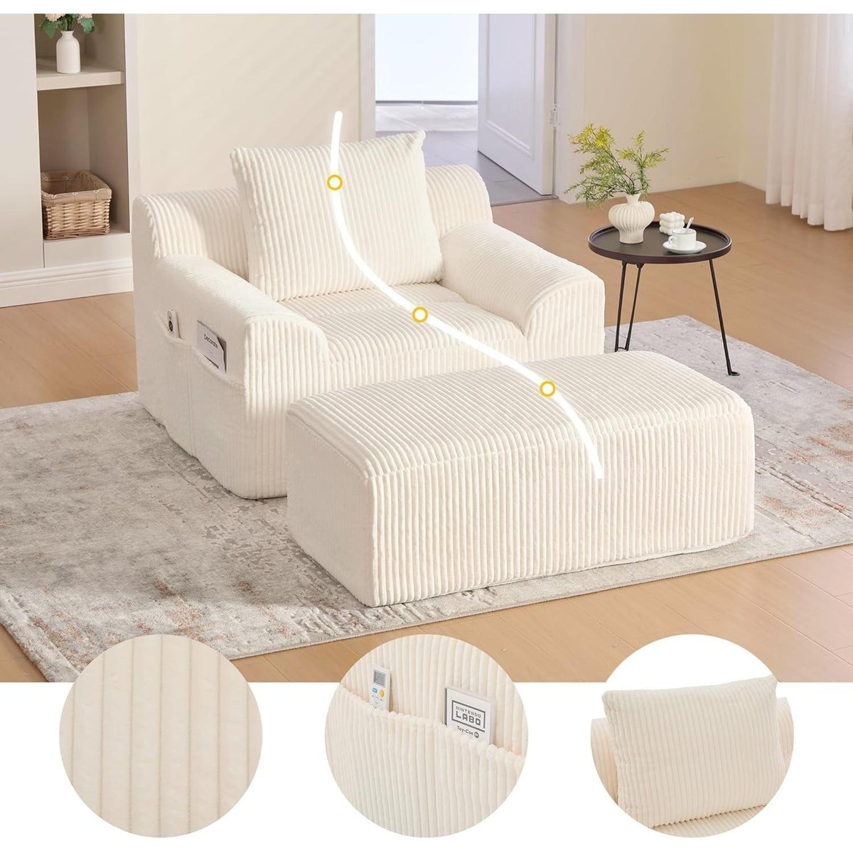 Übergroßer Cord Sessel mit Fußhocker & Seitentaschen – Beige