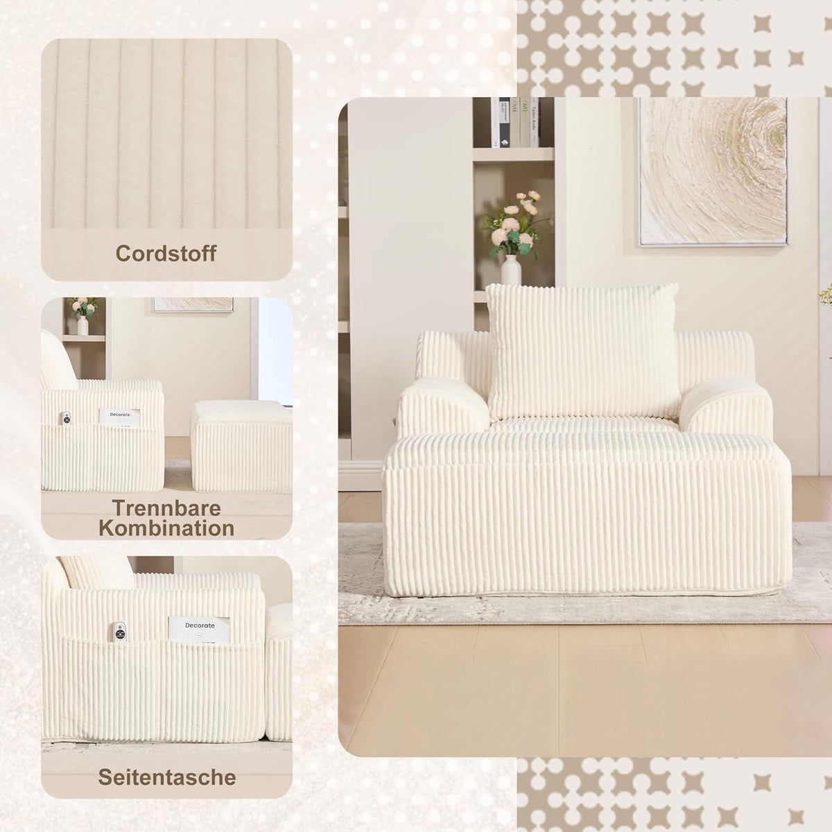Übergroßer Cord Sessel mit Fußhocker & Seitentaschen – Beige