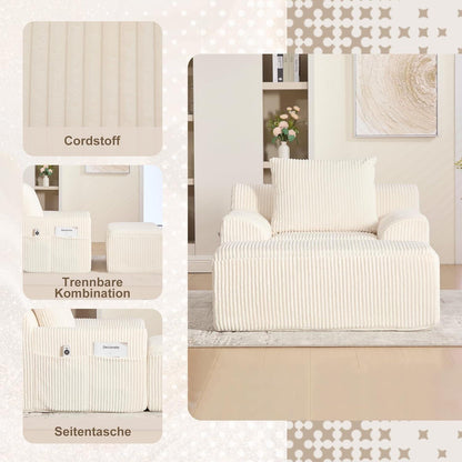 Übergroßer Cord Sessel mit Fußhocker & Seitentaschen – Beige