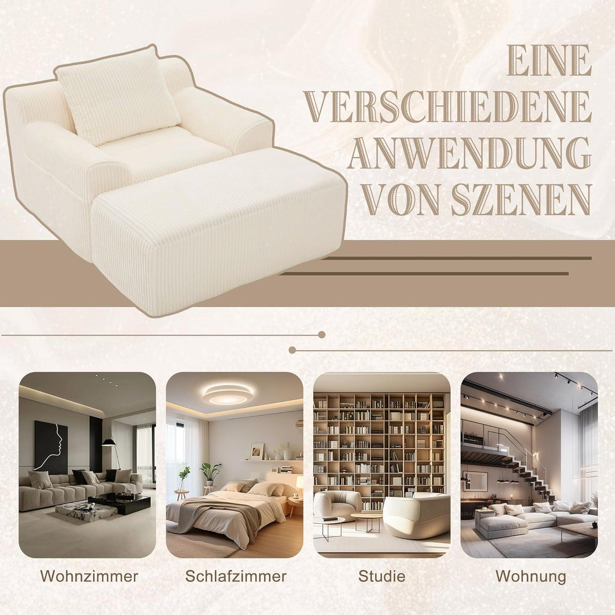 Übergroßer Cord Sessel mit Fußhocker & Seitentaschen – Beige