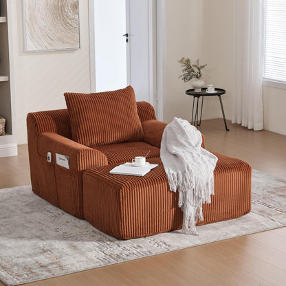 Übergroßer Cord Sessel mit Fußhocker & Seitentaschen, Orange