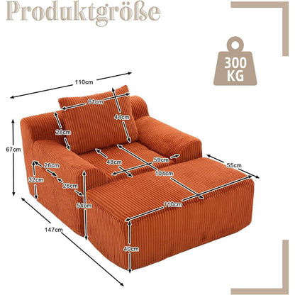 Übergroßer Cord Sessel mit Fußhocker & Seitentaschen, Orange