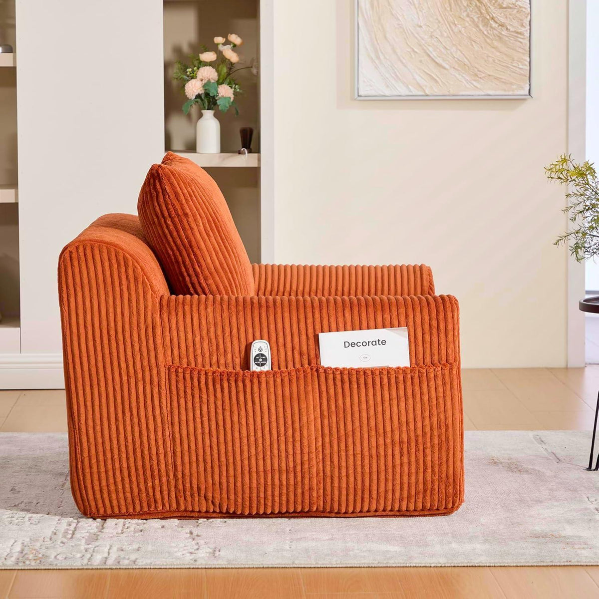 Übergroßer Cord Sessel mit Fußhocker & Seitentaschen, Orange