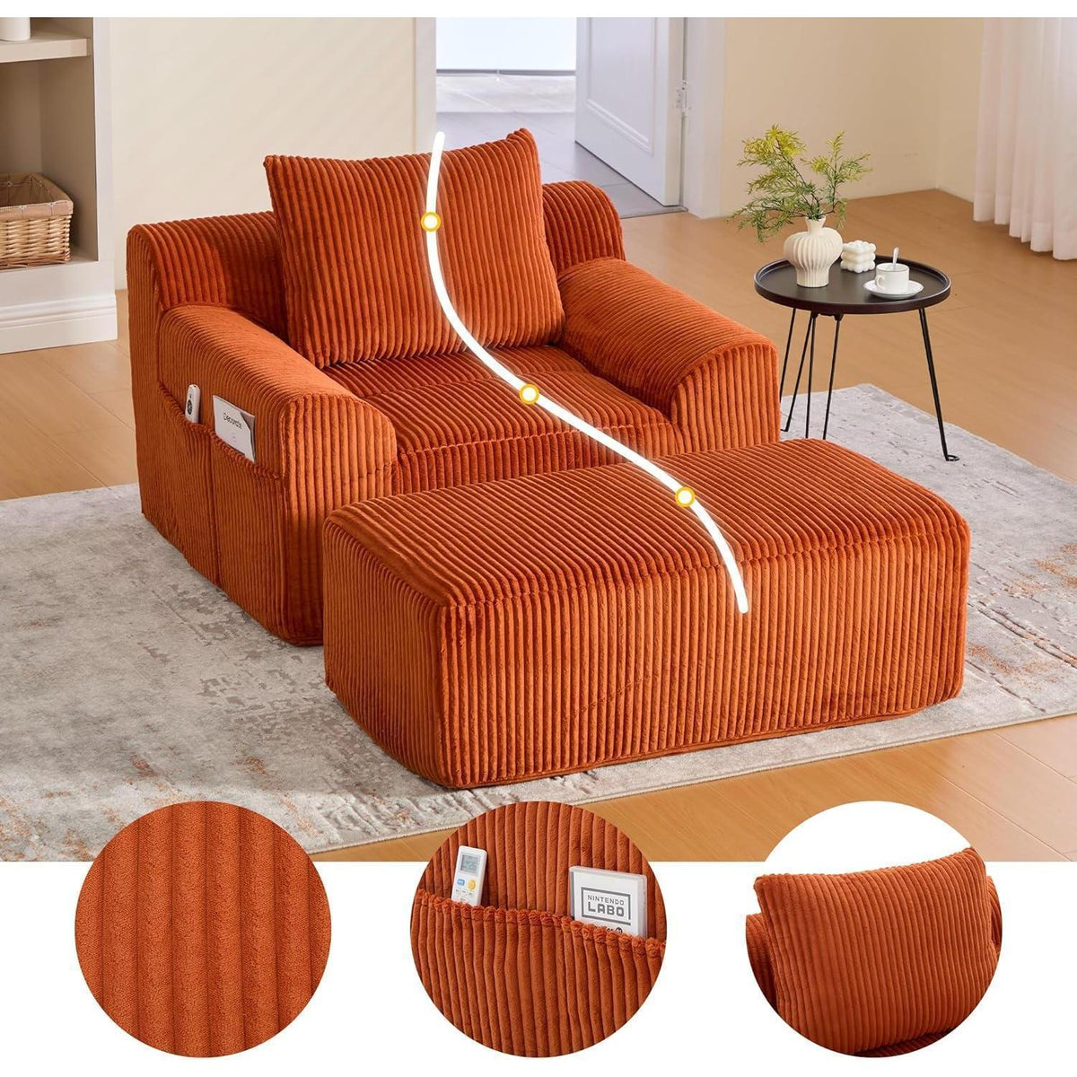 Übergroßer Cord Sessel mit Fußhocker & Seitentaschen, Orange