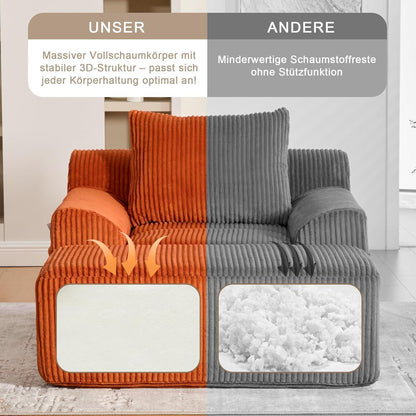 Übergroßer Cord Sessel mit Fußhocker & Seitentaschen, Orange
