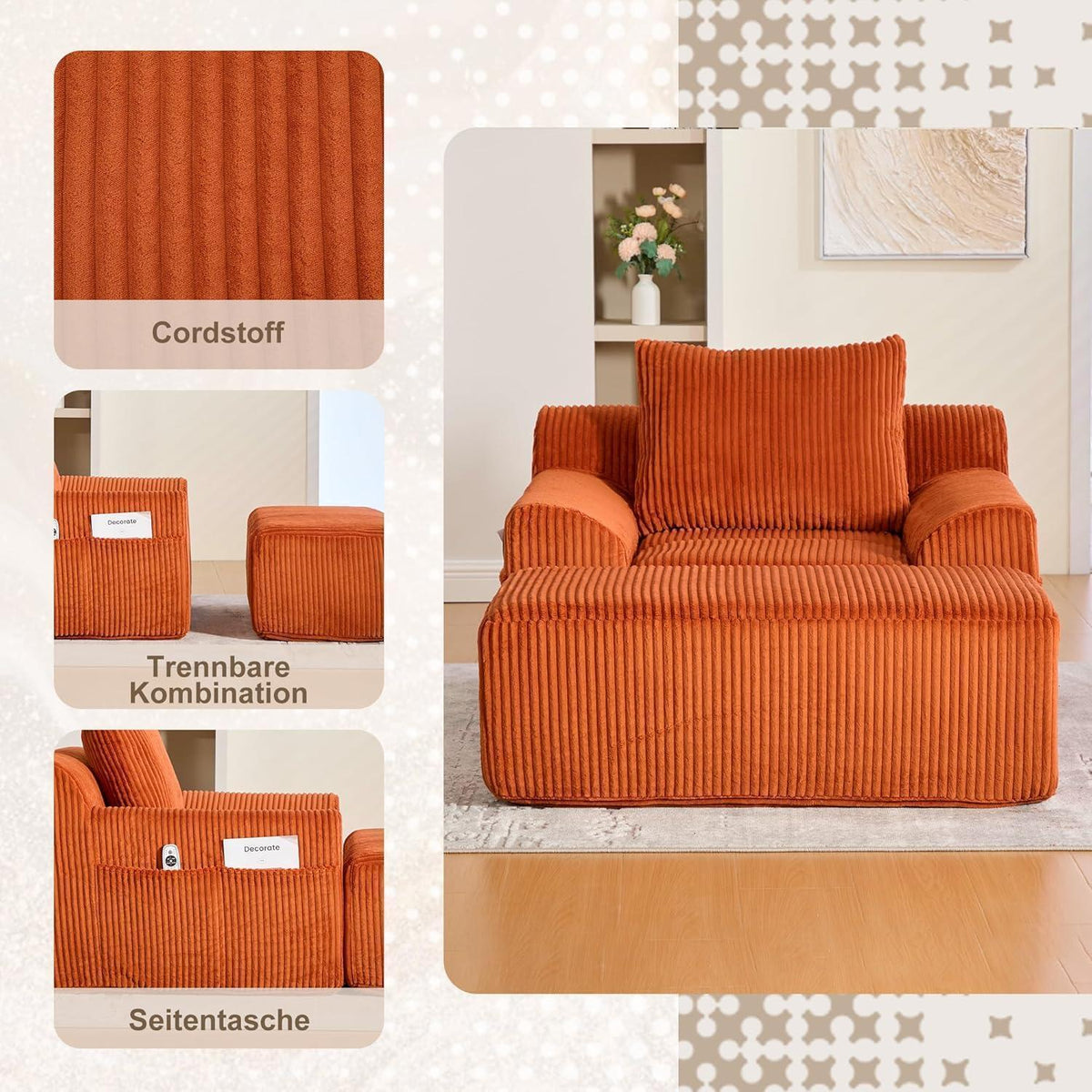 Übergroßer Cord Sessel mit Fußhocker & Seitentaschen, Orange