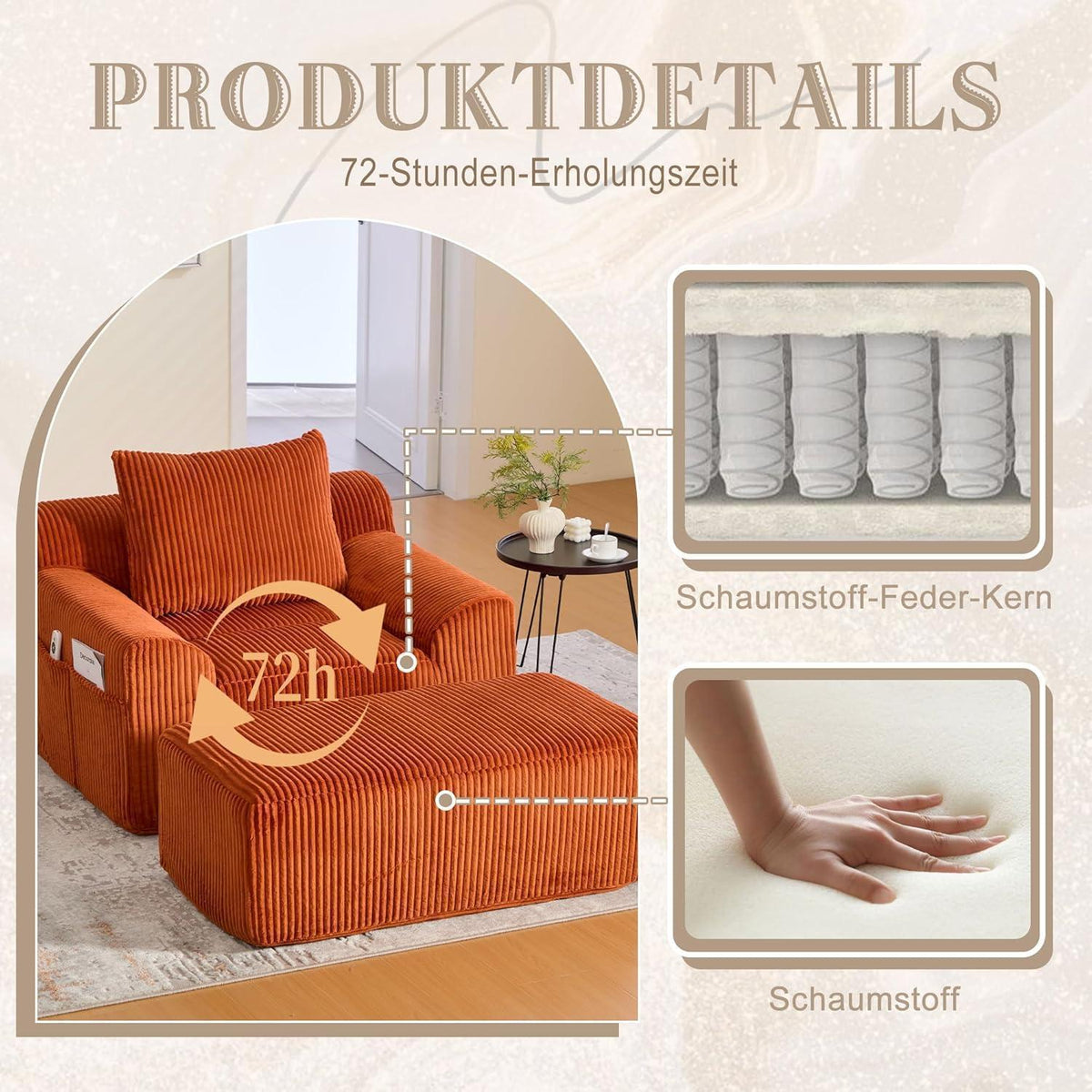 Übergroßer Cord Sessel mit Fußhocker & Seitentaschen, Orange