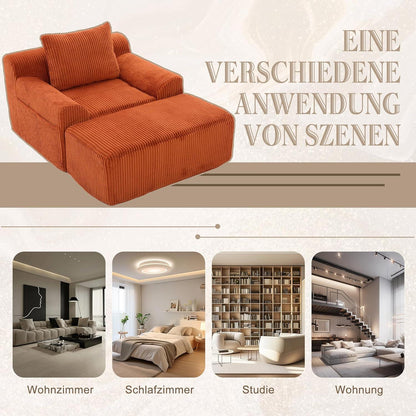 Übergroßer Cord Sessel mit Fußhocker & Seitentaschen, Orange