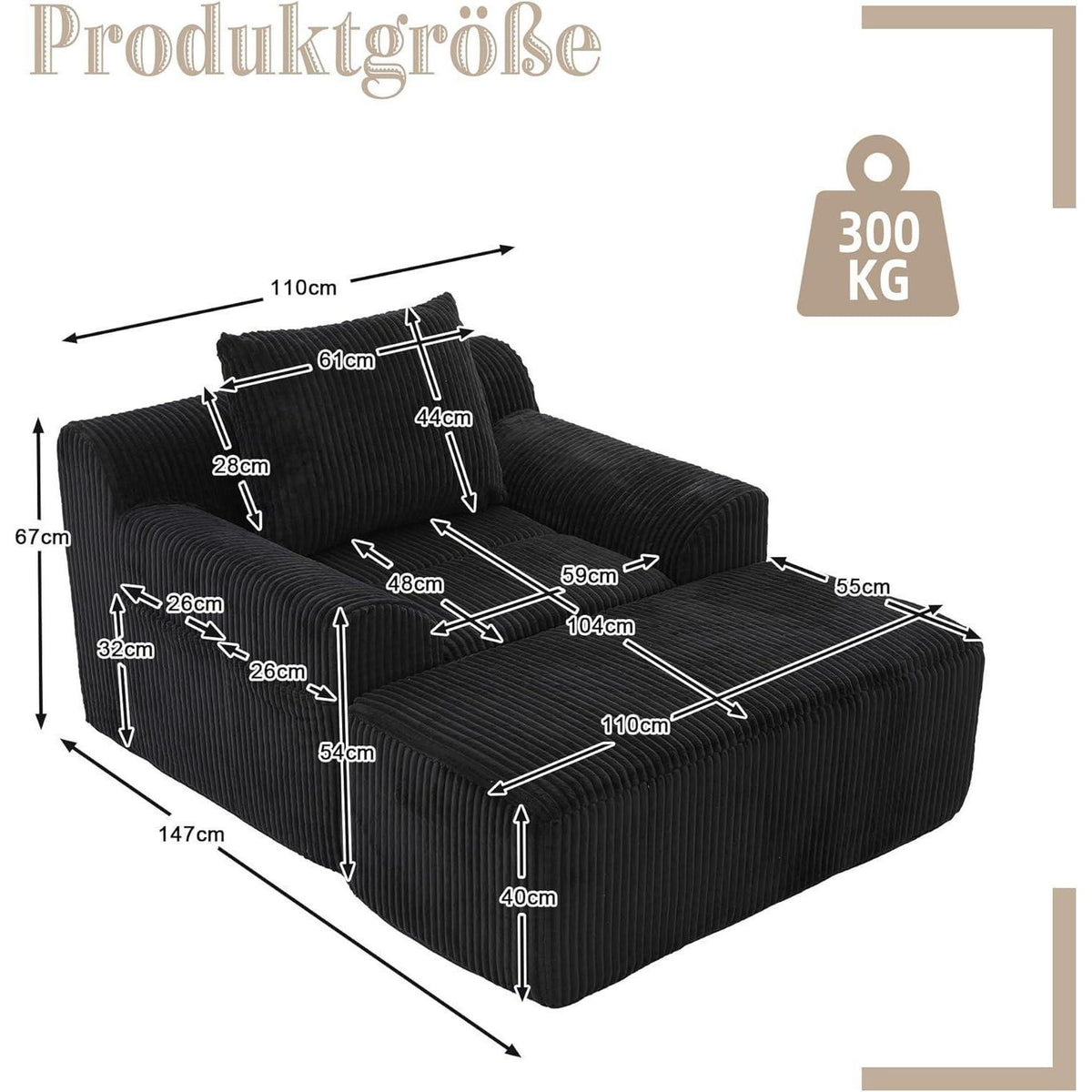 Übergroßer Cord Sessel mit Fußhocker & Seitentaschen Schwarz