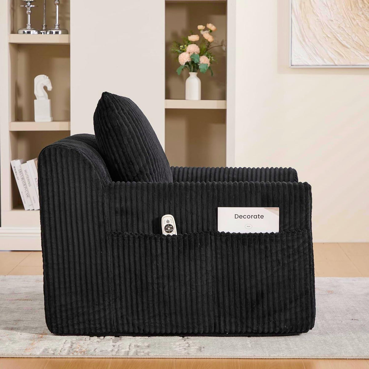 Übergroßer Cord Sessel mit Fußhocker & Seitentaschen Schwarz