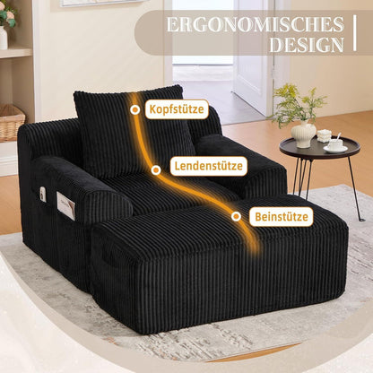 Übergroßer Cord Sessel mit Fußhocker & Seitentaschen Schwarz