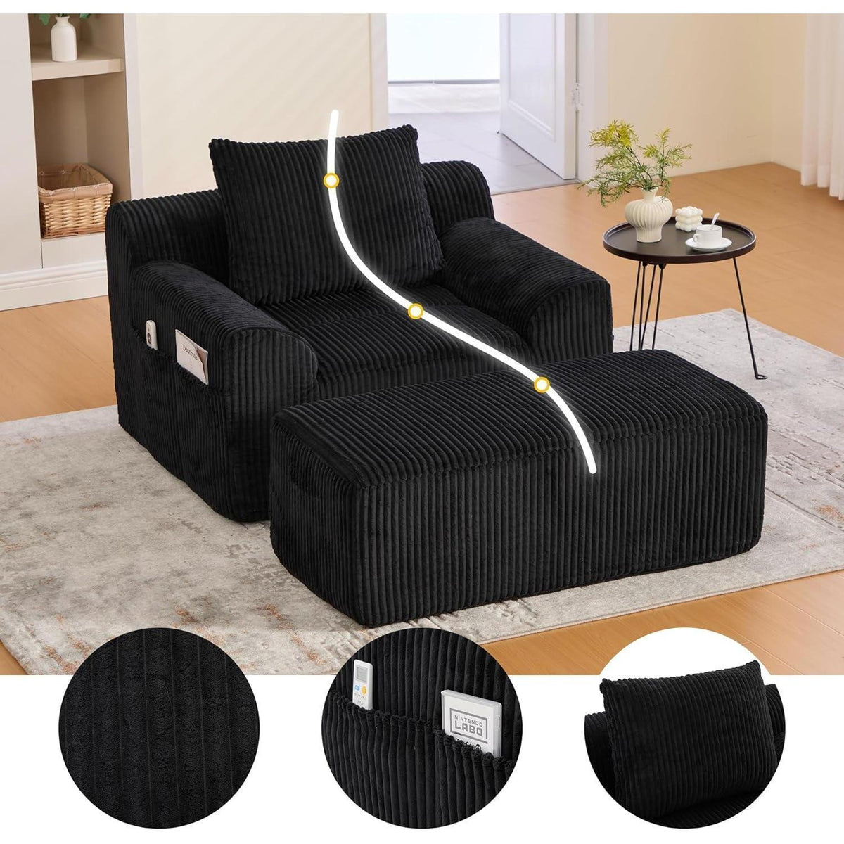 Übergroßer Cord Sessel mit Fußhocker & Seitentaschen Schwarz
