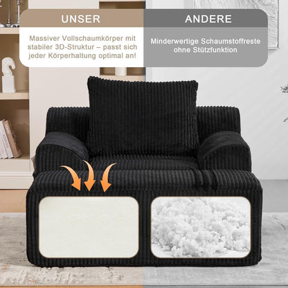 Übergroßer Cord Sessel mit Fußhocker & Seitentaschen Schwarz