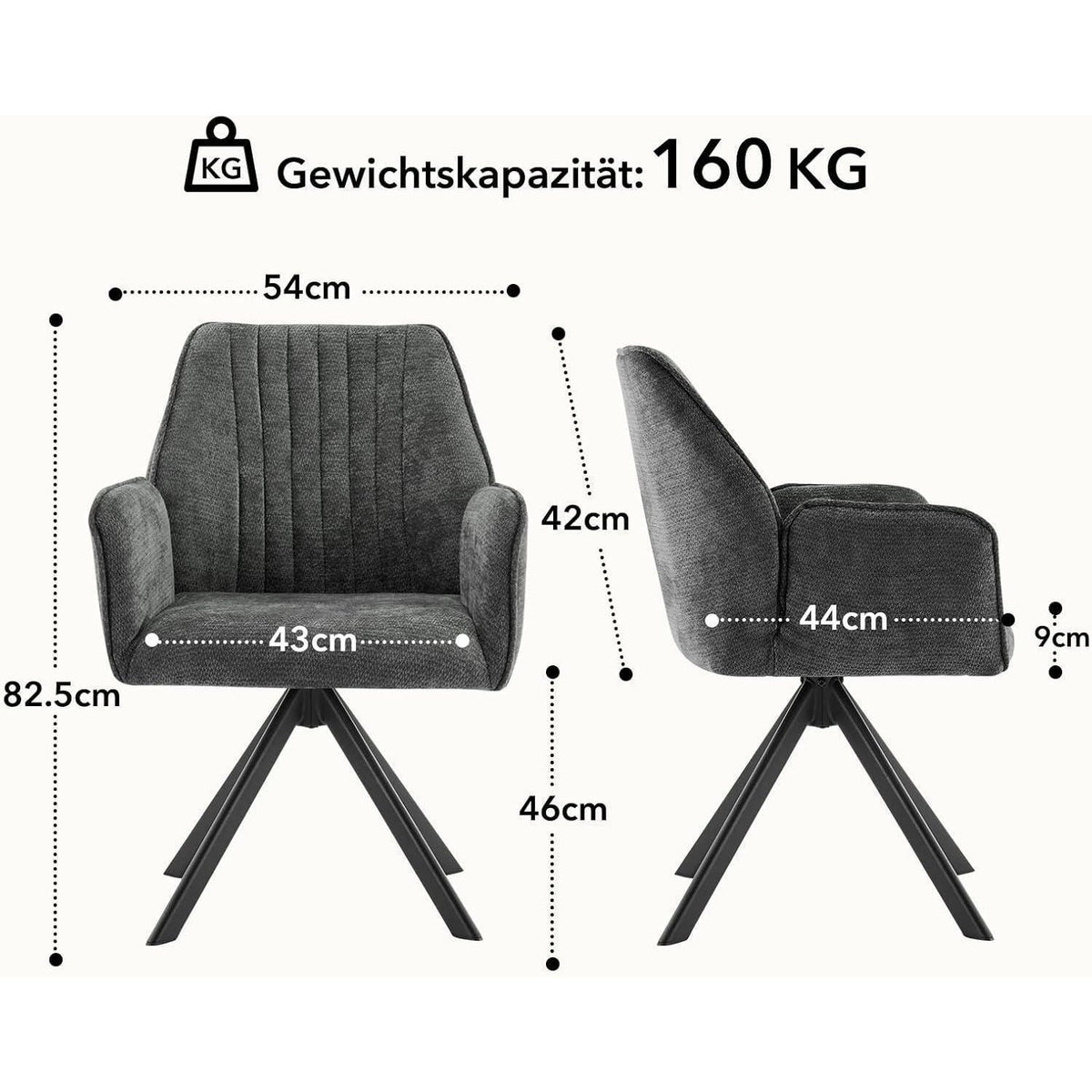 Drehbarer Esszimmerstuhl Set, Dunkelgrau, 6 Stück mit Chenille